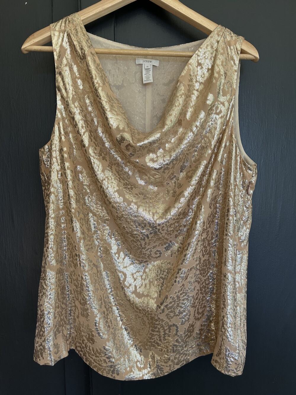J.Crew Silk Metallic Cowl Neck Tank Size 12 Gold Jacquard Holiday Party Top